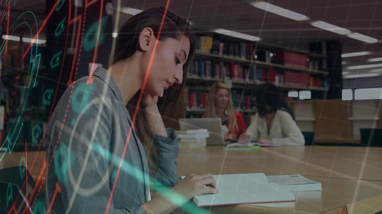 Female student reading book at library, HUD overlay shifting fading to reveal education focus
