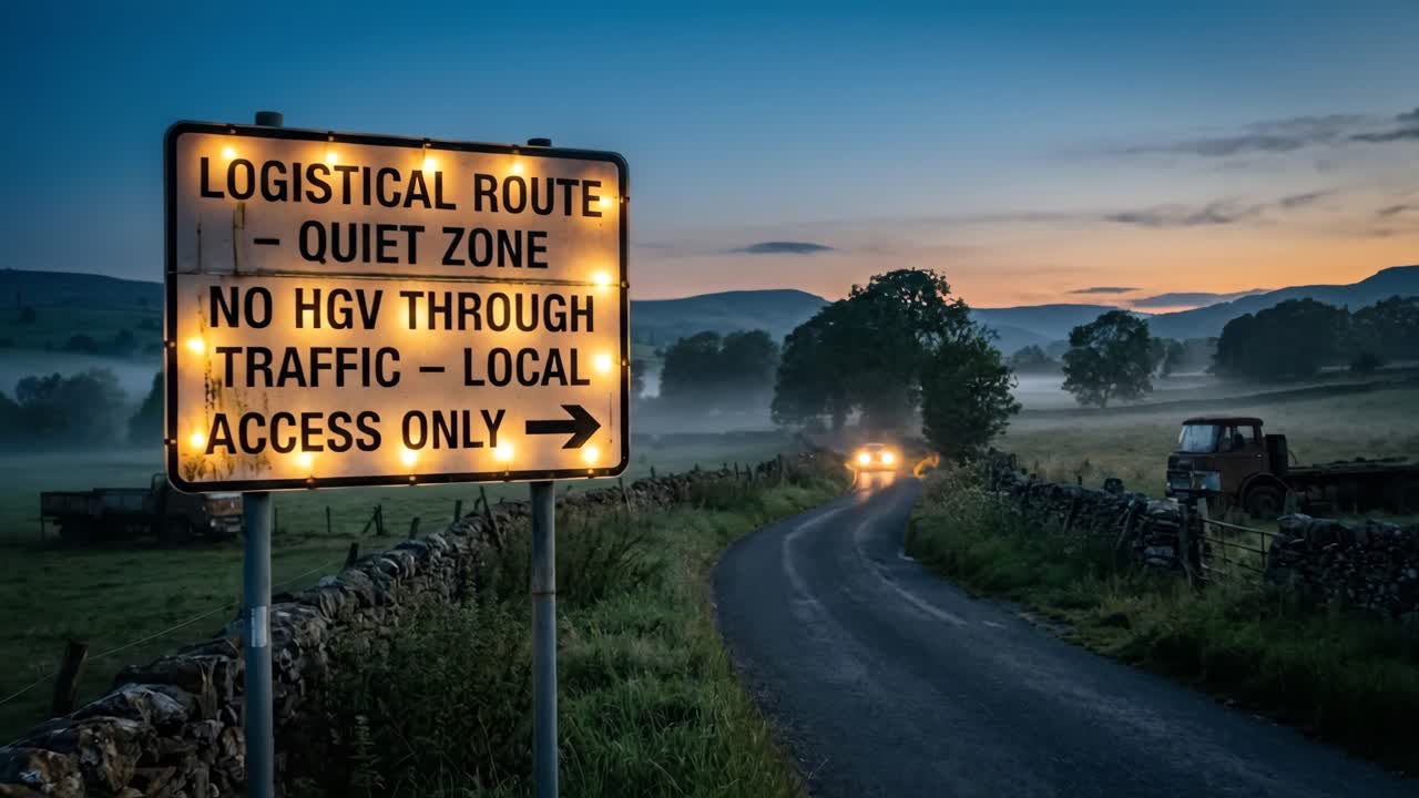 Auto che passa davanti a un cartello di percorso logistico su una strada di campagna nebbiosa all'alba