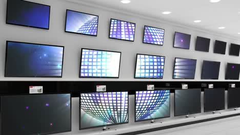 interior de una tienda de electrónica con video sincronizado que se reproduce en las pantallas de varios televisores