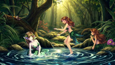 mermaids playing in a forest stream