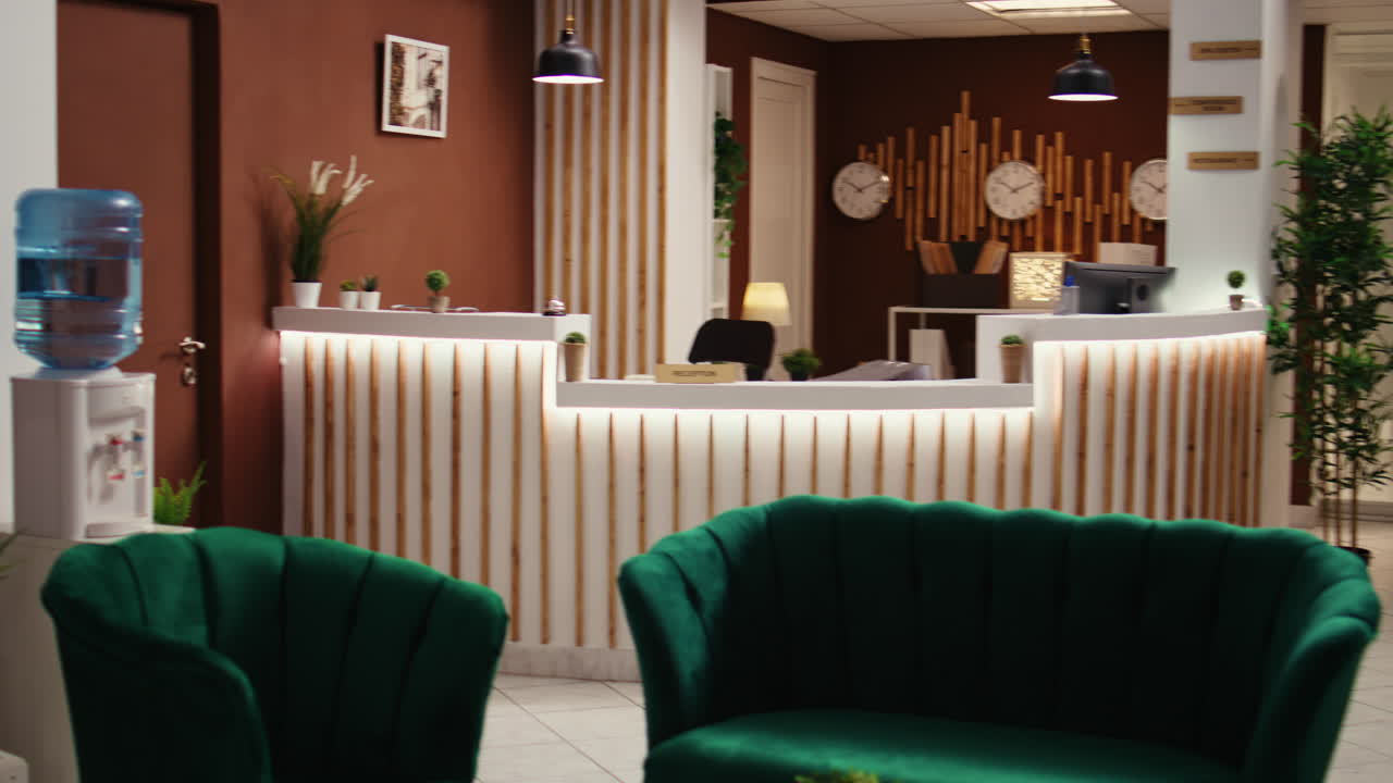 Reveal rack focus shot of empty hotel