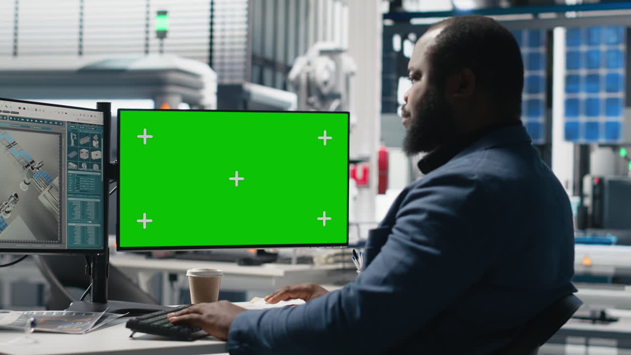 A man working at a computer with a green screen