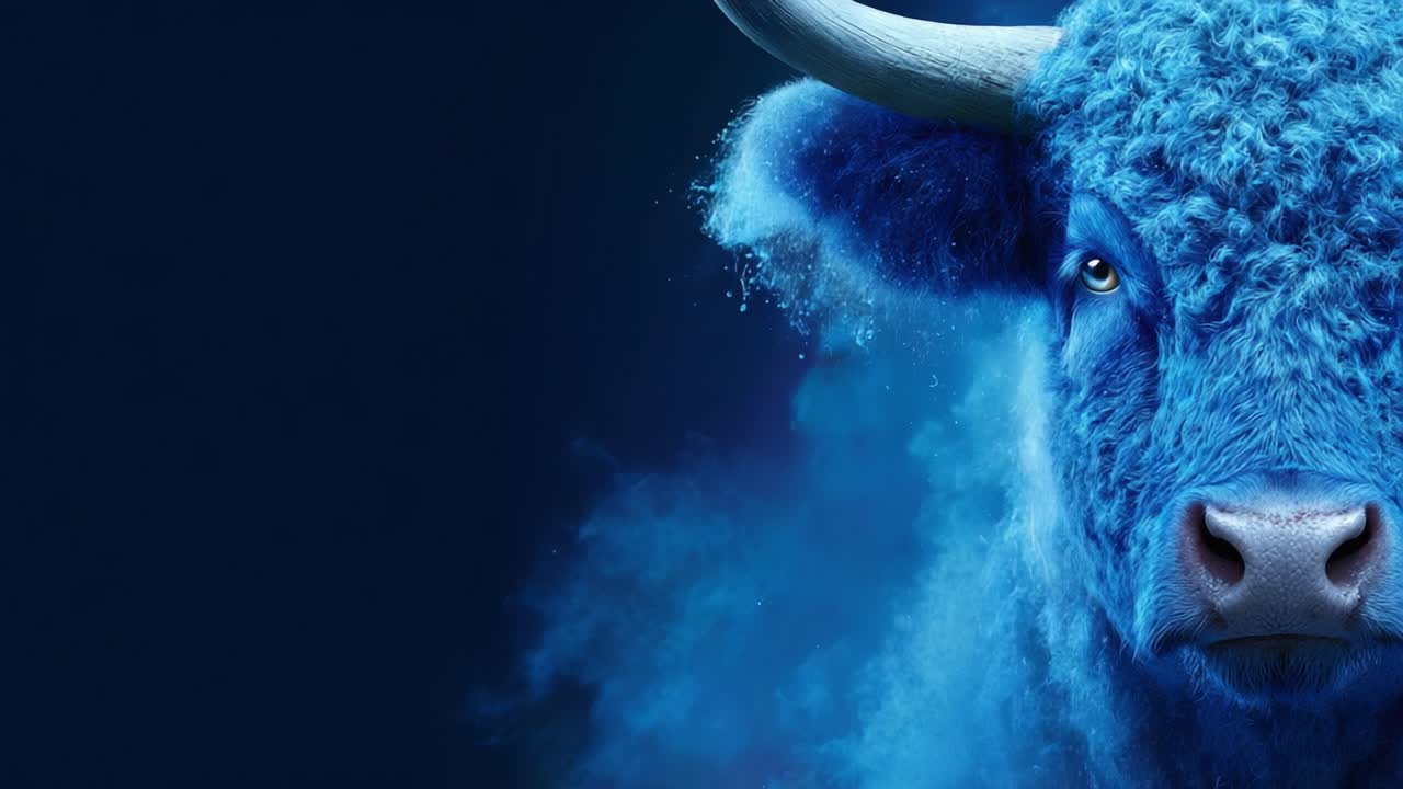 Un maestoso toro blu emerge da una nebbia enigmatica, catturando l'essenza di forza e mistero con dettagli e colori mozzafiato
