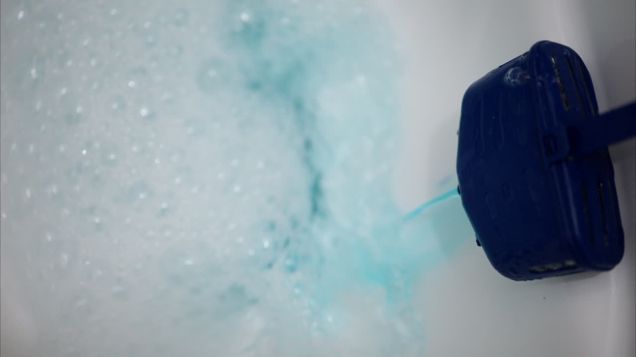 Close up of a toilet bowl flushing with a blue cleaning solution