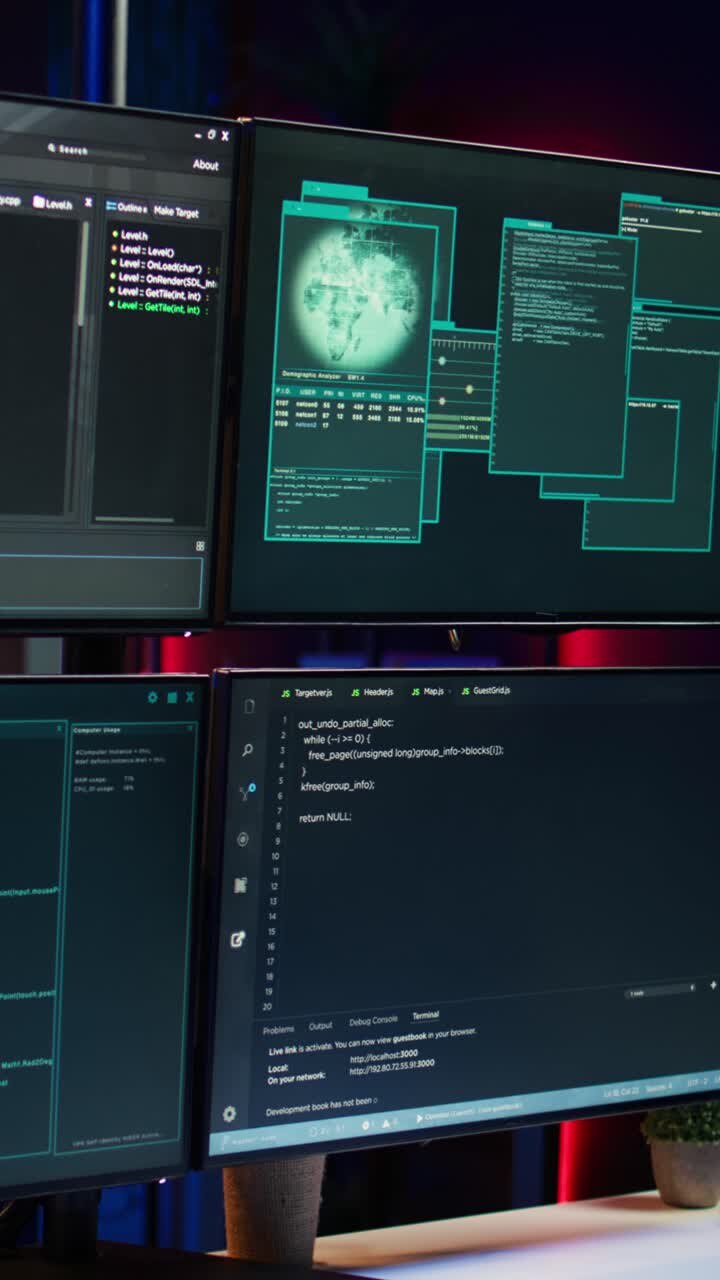 Vertical video Script running on computer in secret base of operations used by hacker