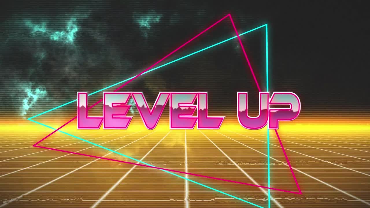 구름과 오렌지 사각형 위의 레벨 업 텍스트의 애니메이션