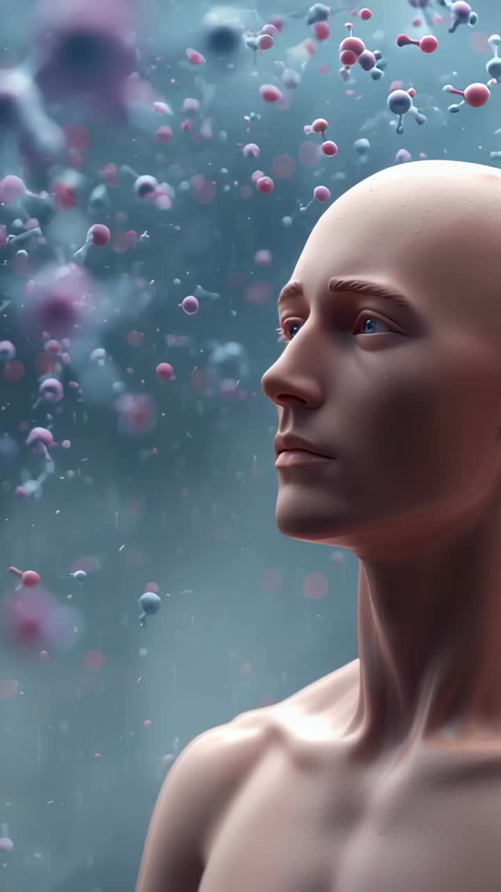 Vertical video: Starting camera orbiting bust showing profile in void with molecules, copy space