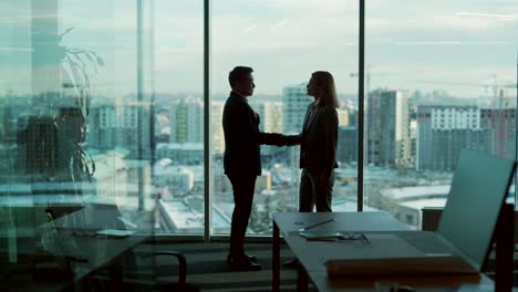 silhouette of meeting business partners in modern office room on standing near window background. indoor