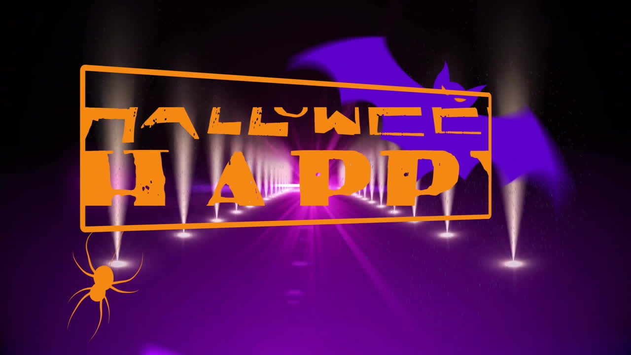 Hoạt ảnh chữ 'Happy Halloween' với con dơi trên đèn sân khấu trên nền đen.