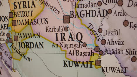 a close-up view of a map showing iraq and surrounding middle eastern countries