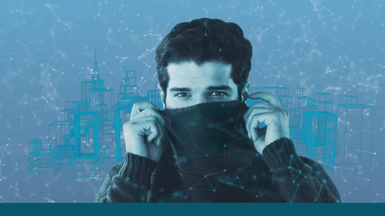 3d 도시 모델에 대한 연결 네트워크를 통해 얼굴을  ⁇ 고 있는 남자