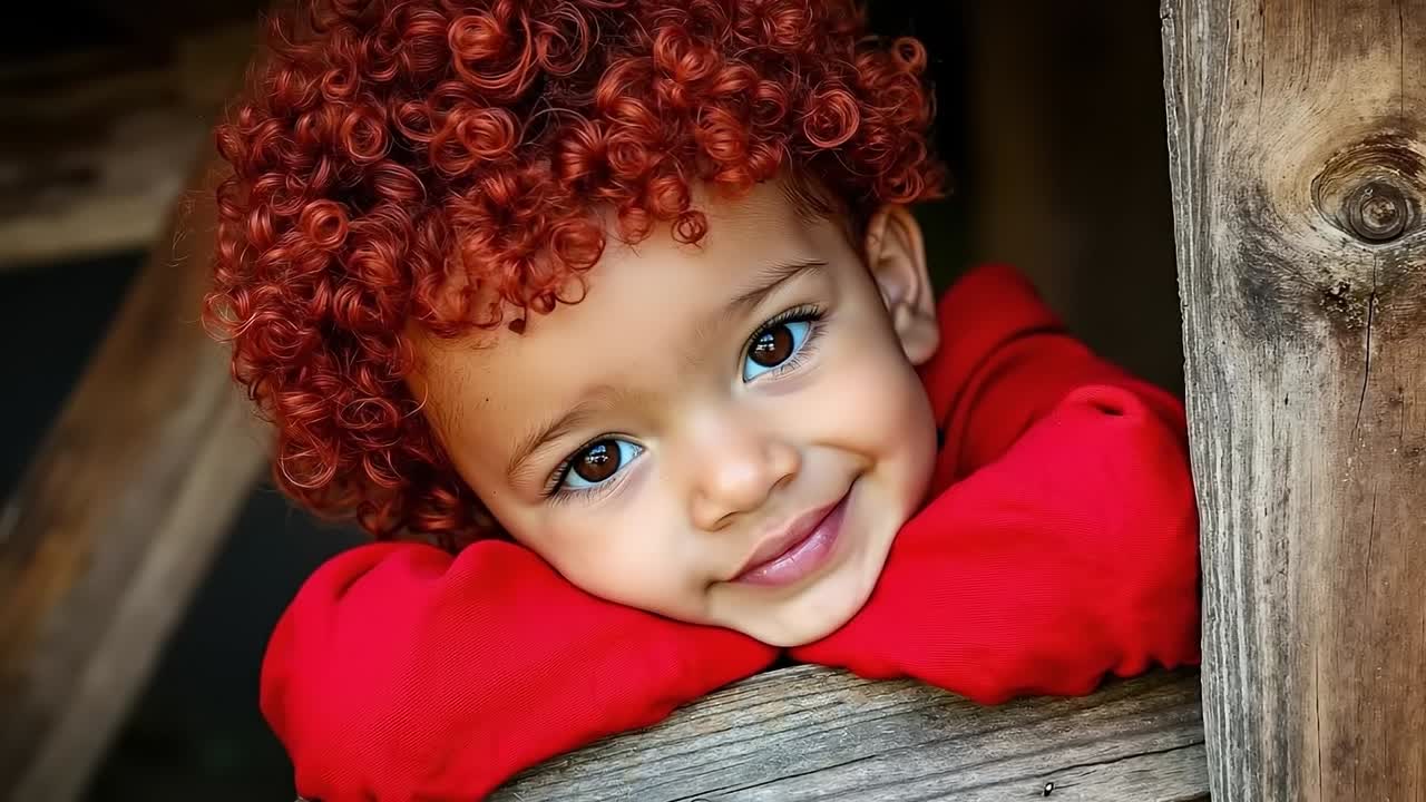 A little boy with red curly hair leaning against a wooden fence