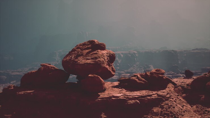 A red and rocky desert landscape on Mars