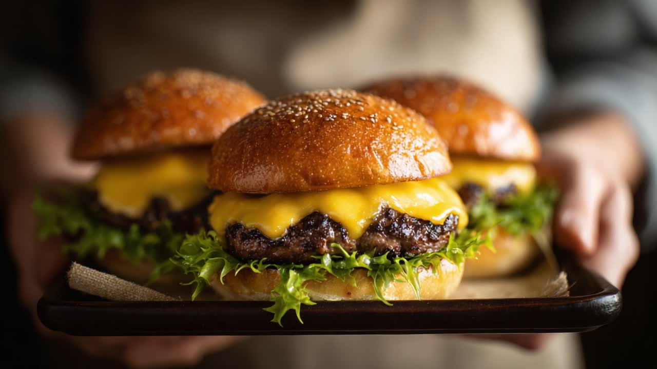 Deliciously Crafted Gourmet Burgers Loaded with Fresh Ingredients, Golden Cheese and Perfectly Toasted Buns Served on a Stylish Tray for a Mouthwatering Experience