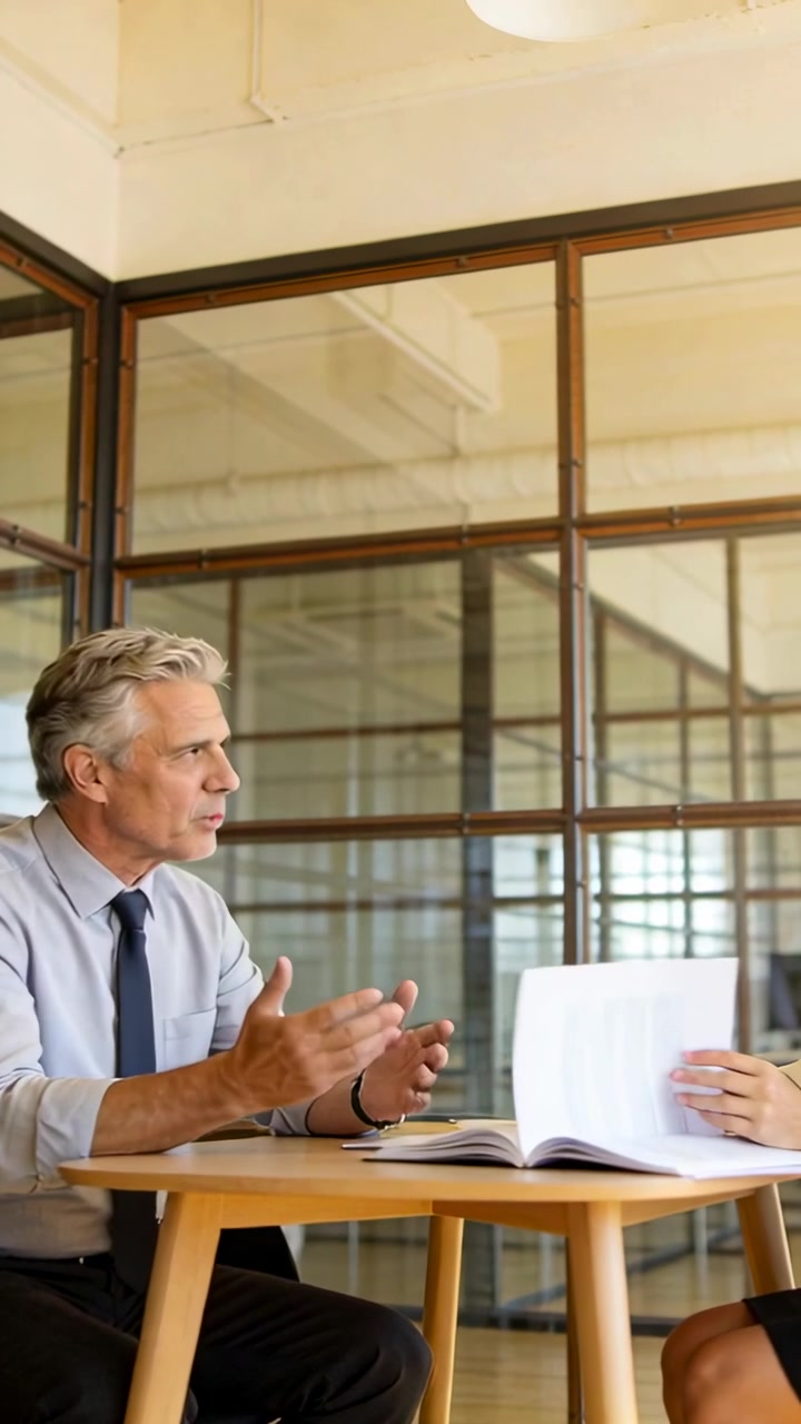 Vertical video: Starting man in tie explaining report and gesturing at round table, copy space