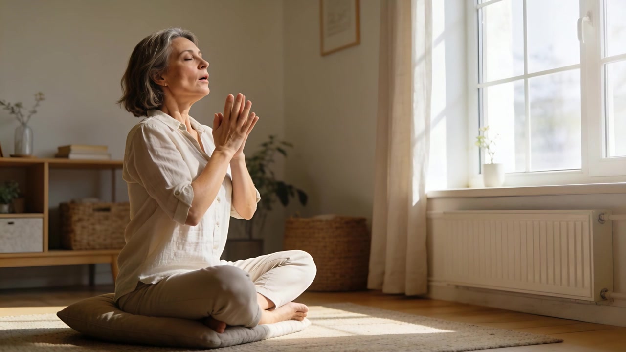 Mulher idosa inspirando, de blusa e calças de linho, movendo as mãos na almofada perto da janela para meditação.