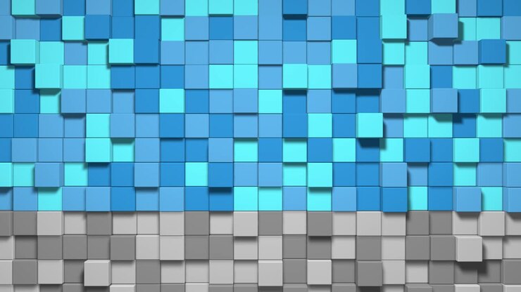 Geometric mosaic waves pattern. Construction of hills landscape using blue multicolored blocks, blue sky. Pixel background. 3d animation loop of 4K