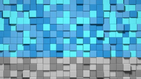 geometric mosaic waves pattern. construction of hills landscape using blue multicolored blocks, blue sky. pixel background. 3d animation loop of 4k