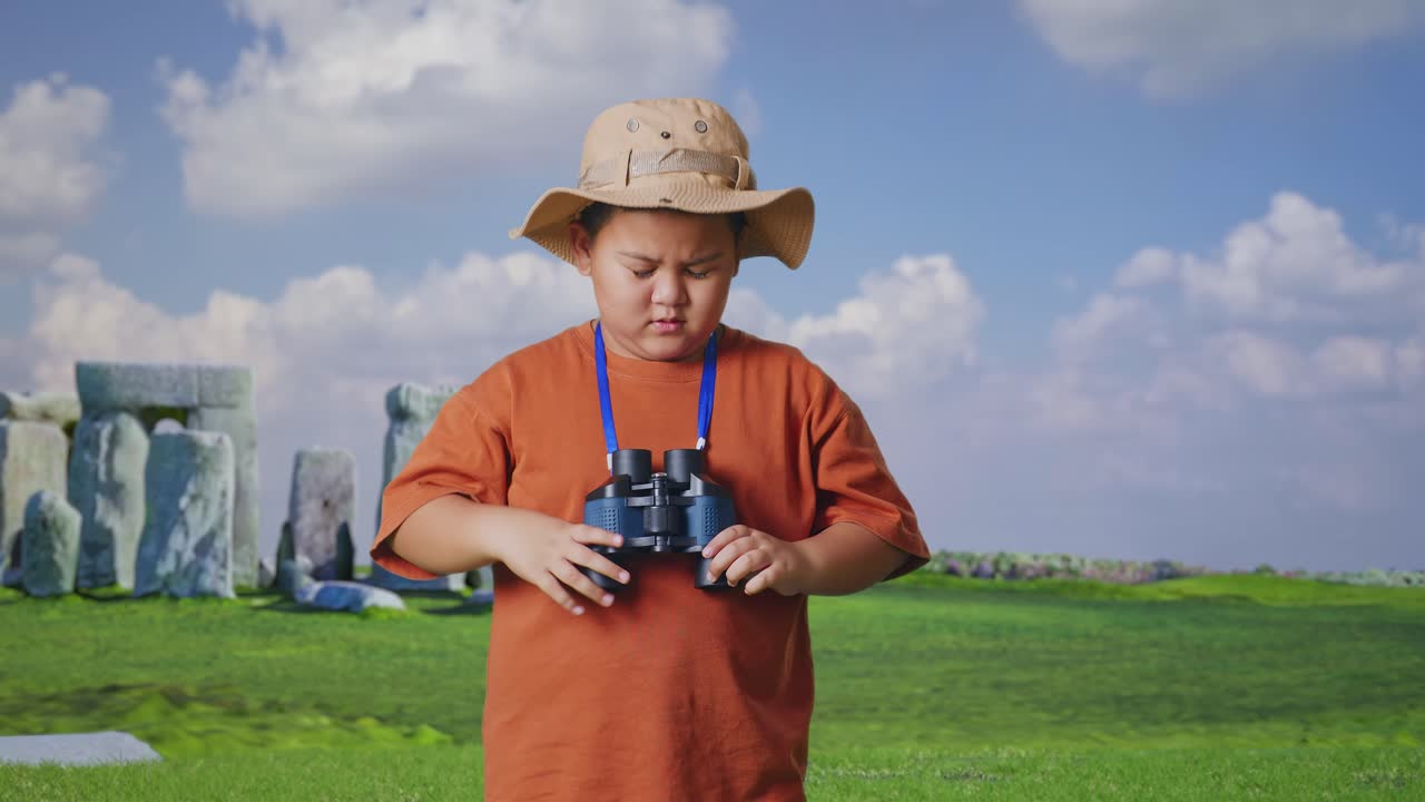 Asian Boy With A Hat Having A Headache After Looking Through The Binoculars. Boy Researcher Examines Something While Traveling In Stonehenge, Travel Tourism Adventure Concept