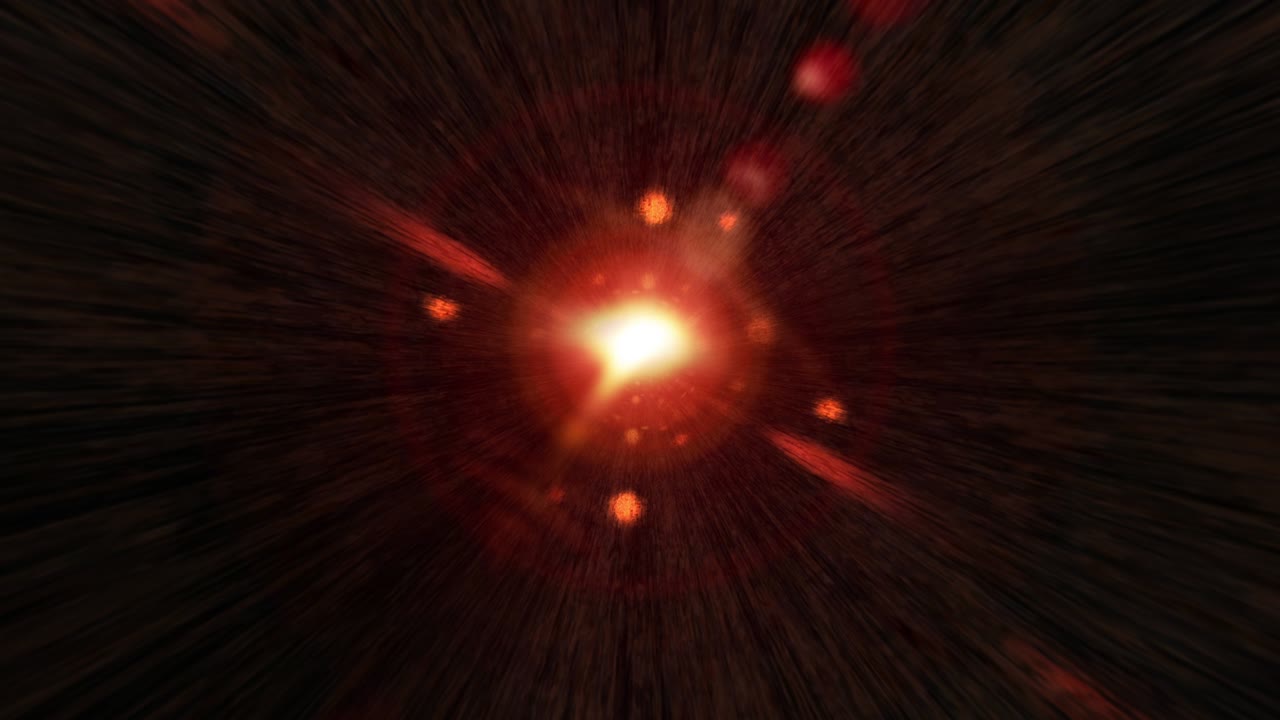 vj abstracto bucle espacio centro llamarada de luz estallido con rojo amarillo magia llamarada de energía efecto de luz túnel en la oscuridad. 4k 3d bucle sin costuras volar en las luces mágicas túnel animación de movimiento de fondo. generado por computadora