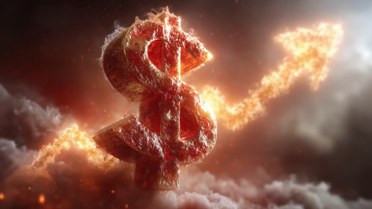 A dramatic visualization of financial growth, represented by a fiery dollar sign symbolizing increasing wealth and rising market trends against a dynamic backdrop