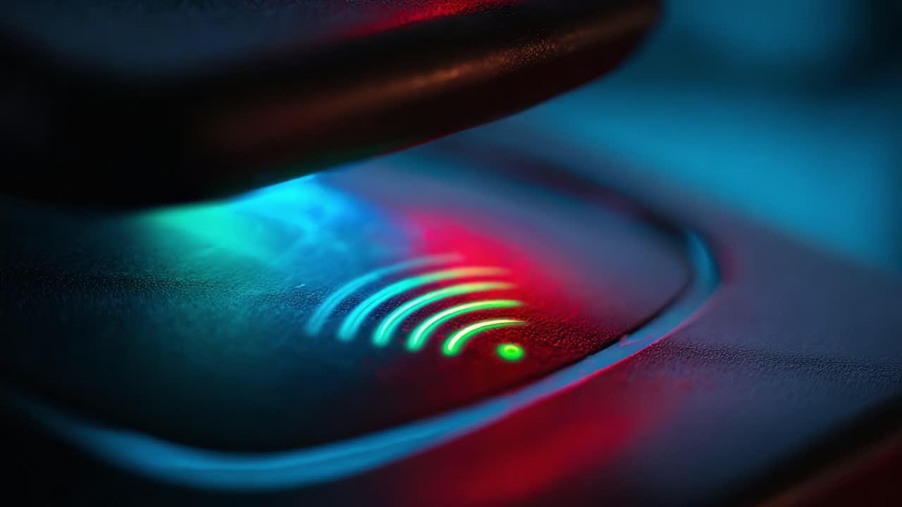 Close-Up of a Wireless Charging Pad with Vibrant LED Indicators Showing Active Charging Status in Intense Red and Green Hues, Highlighting Modern Technology Integration