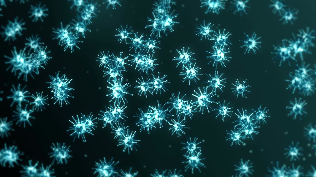 volando muchas células de virus en fondo negro. concepto médico, ilustración microscópica. animación 3d de la molécula de virus girando. animación de bucle.