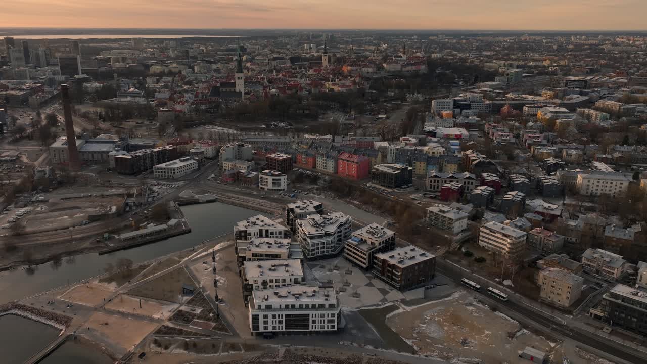 Drone footage Tallinn sunrise February 2023