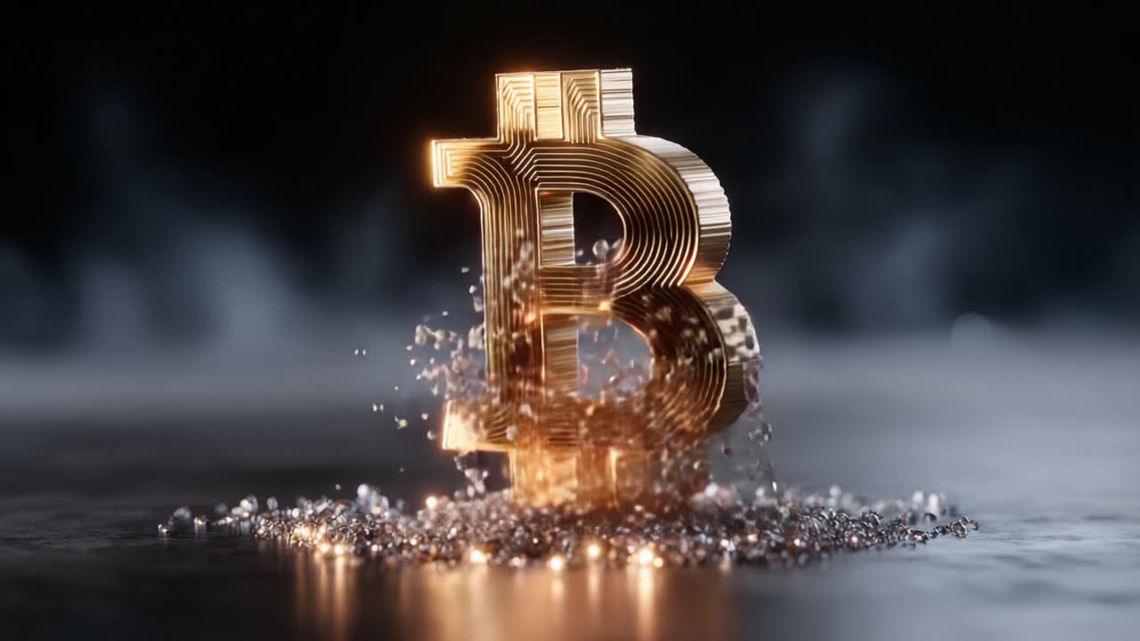 Gold Bitcoin Symbol Illuminated with Glowing Effects Surrounded by Sparkling Particles in a Dark Background Representing Digital Currency Concept
