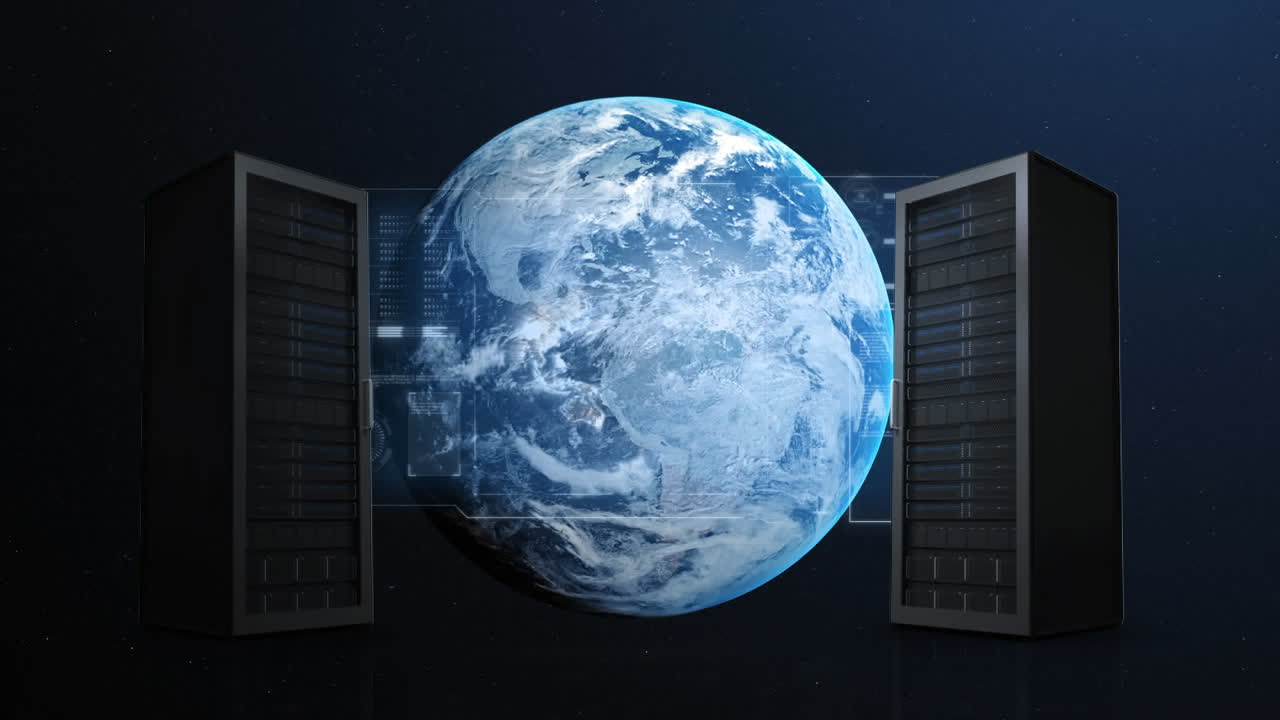 Animazione di server informatici sulla Terra nell'universo su sfondo blu