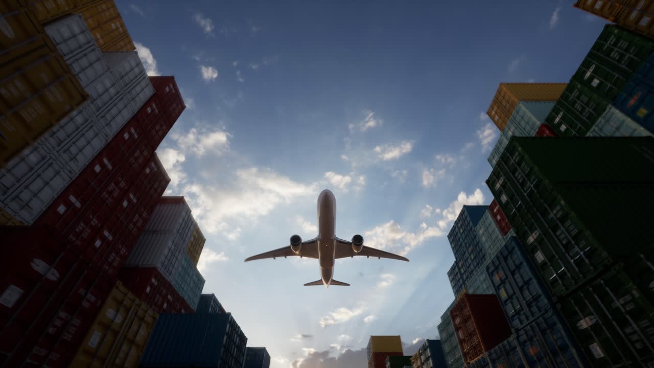 Logística de carga aérea, avión volando sobre contenedores de envío.