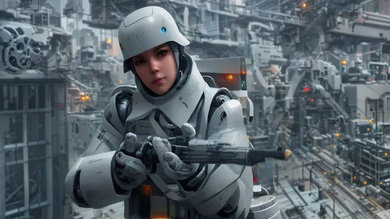 Robot Soldier in a Futuristic City