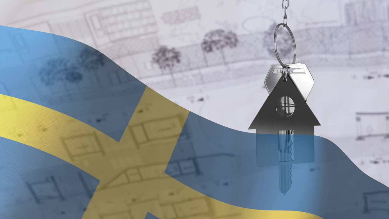 스웨덴의 국기 위에 실버 하우스 키의 애니메이션과 건축 그림