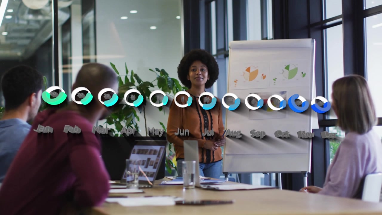 Animation of statistics and data processing over business people in office