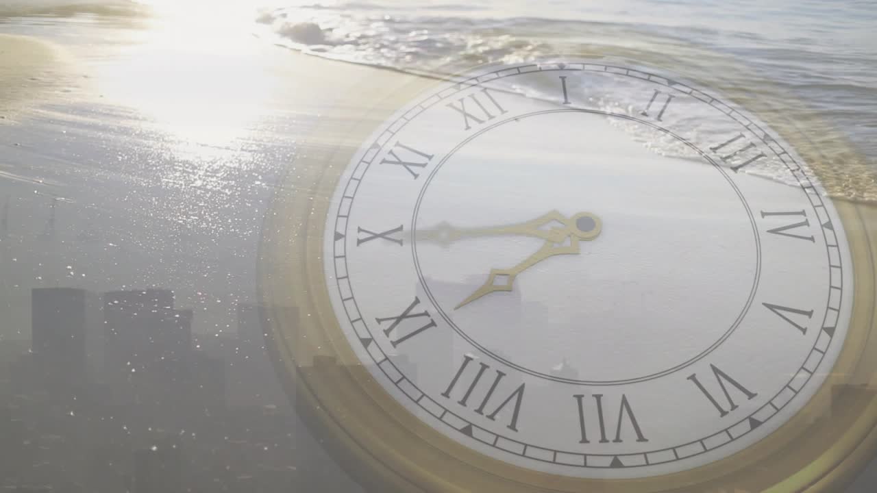 Antique translucent clock hands rotating clockwise, low sun and wave starting showing time passing