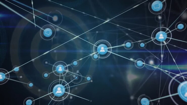 Animation of growing network of people icons transferring data over glowing connections