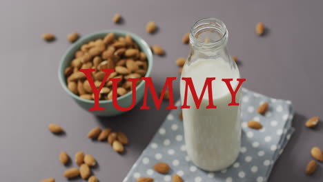 animación de texto delicioso sobre leche y nueces