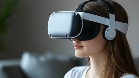 a woman wearing a virtual reality headset