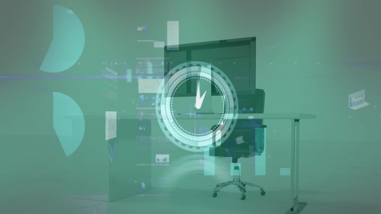 animación del reloj de neón y procesamiento de datos contra el escritorio de la oficina