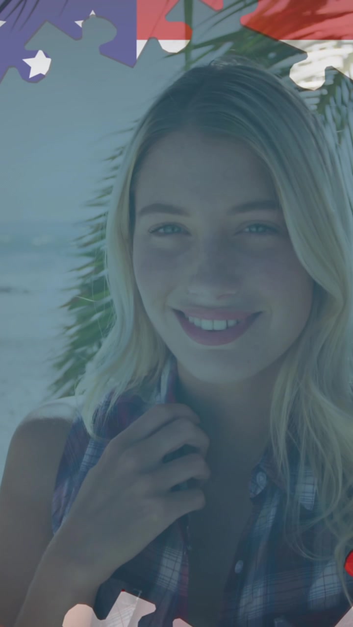 Animazione di puzzle con bandiera americana che rivelano una donna sorridente in spiaggia