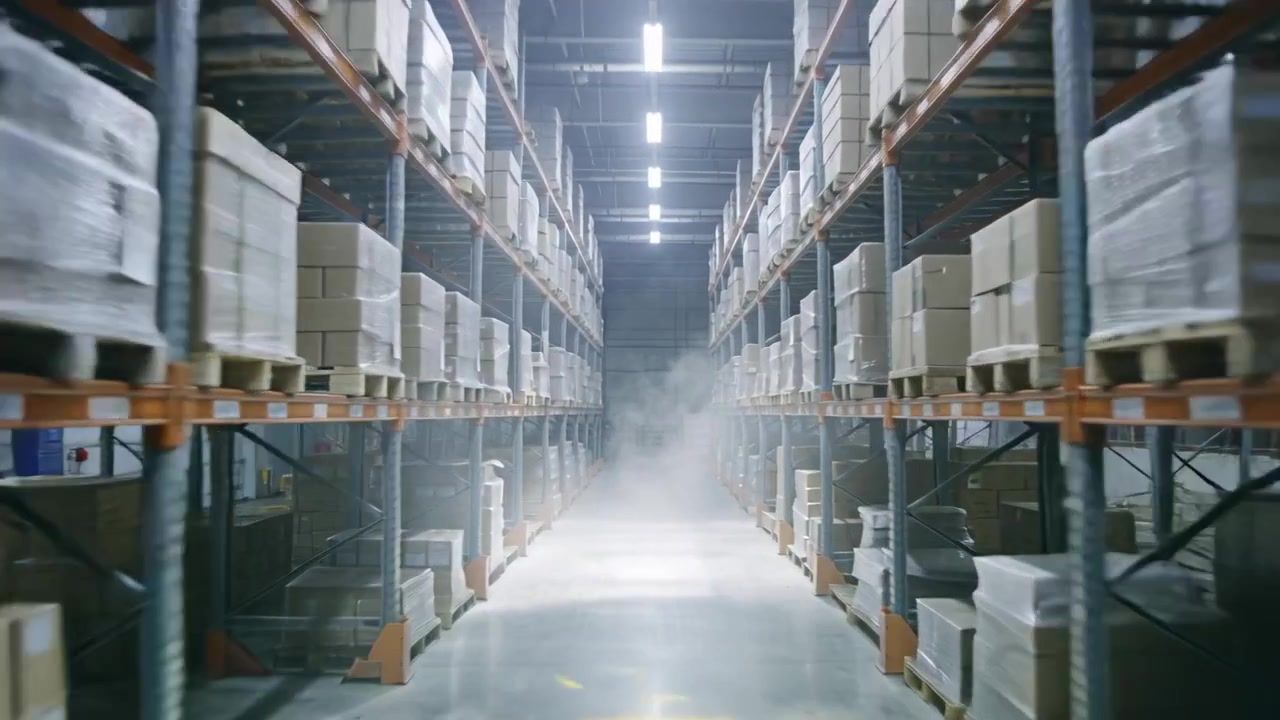 Moving camera showing warehouse aisle with mist spreading through pallet racking and wrapped loads
