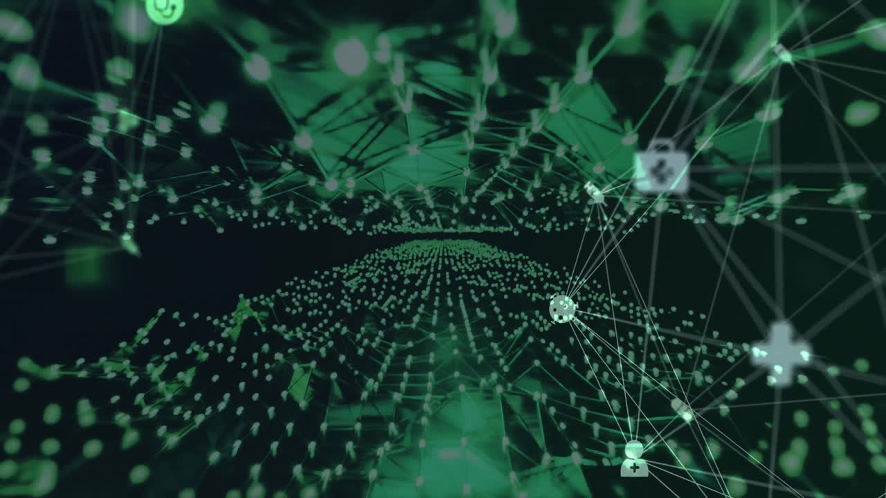 연결된 모양의 그리드 위에 있는 미디어 아이콘의 네트워크와 검은색에 빛나는 데이터 조명