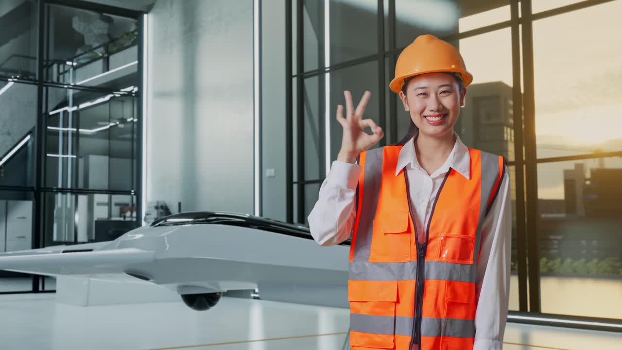 여성 엔지니어가 드론으로 현대적인 사무실에서 ok 표지판을 보여줍니다.