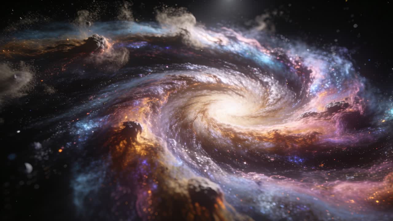 Galassia a spirale rotante come lente che ingrandisce verso un nucleo luminoso, con bracci vividi e ammassi scuri in basso a sinistra.