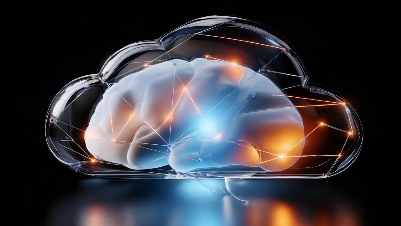 A Stunning Visualization of a Brain Encased in a Cloud, Merging Neural Connectivity and Modern Technology, Symbolizing the Interconnection Between Thought Processes and Digital Innovation
