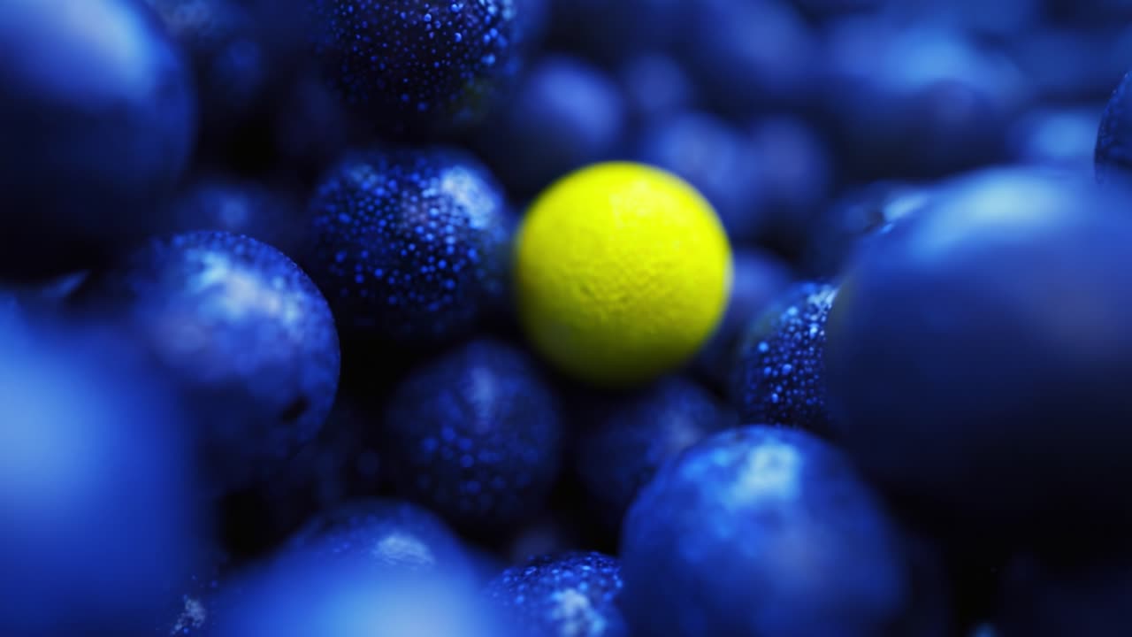 A striking contrast emerges as a vibrant yellow sphere stands out amongst a sea of deep blue spheres, creating a captivating visual composition that draws the eye