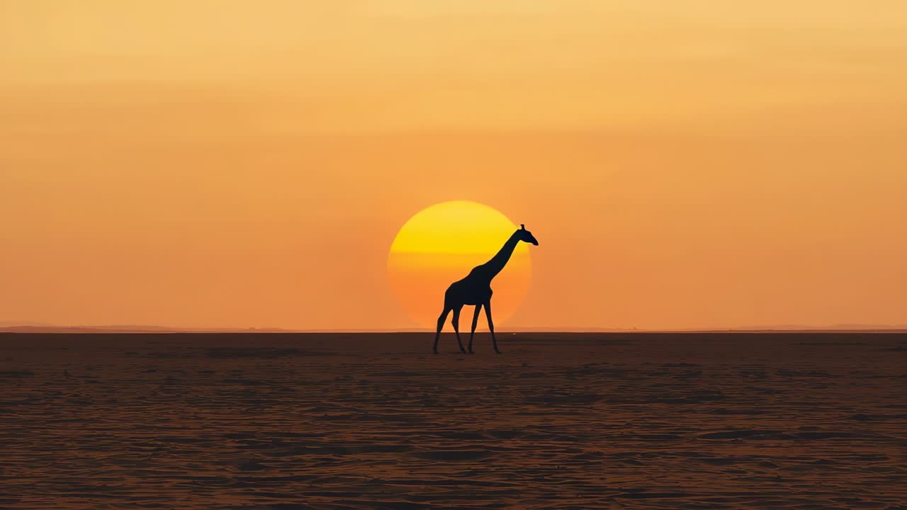 Lifting front leg, giraffe silhouette walking across arid plain toward right past golden sun