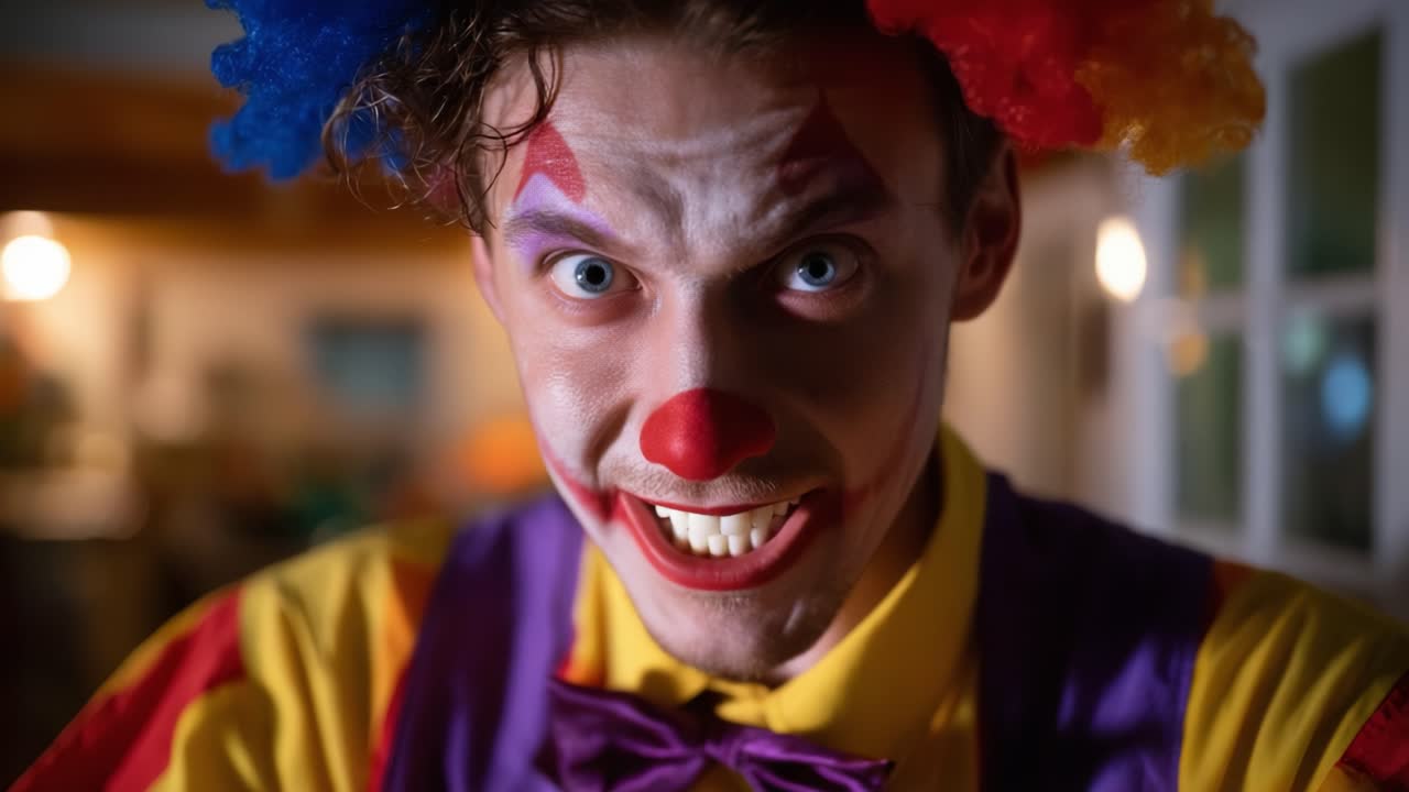 A Dramatic Transformation: A Clown's Expression Changes From Intensity to Joyful Laughter in Two Captivating Frames, Capturing the Duality of Clowning Artistry