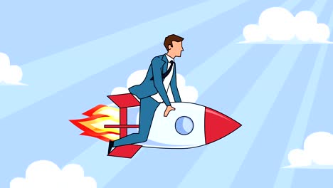 flat cartoon businessman character  fly on rocket startup concept animation