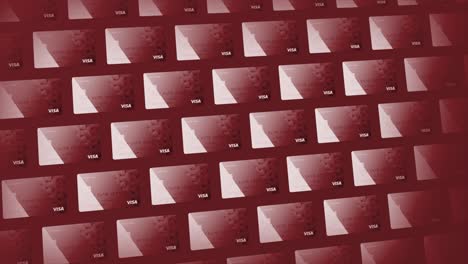 símbolos de tarjetas de crédito flotando en muchas filas. movimiento. rojo hermoso diseño de tarjetes de crédito modernos, concepto de compras en línea.